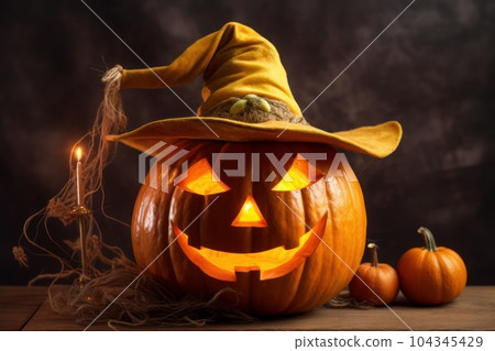 Scary pumpkin lantern with a wicked grin on Halloween. Generative AI 104345429