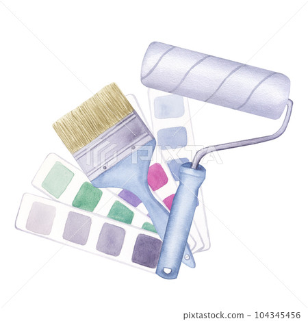 Paint roller and bristles brush, blue handle, repair tool. Color palette guide, swatches catalogue. Hand drawn watercolor illustration isolated on white background 104345456