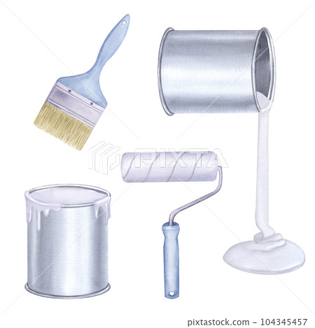 A full can of white paint is leaking, roller, brush, repair tool. Decorating interior, repainting walls color. Hand drawn watercolor illustration isolated on background 104345457