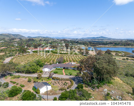 Aerial view over Rancho Santa Fe green valley landscape in San Diego Aerial view over Rancho Santa Fe green valley landscape in San Diego 104345478