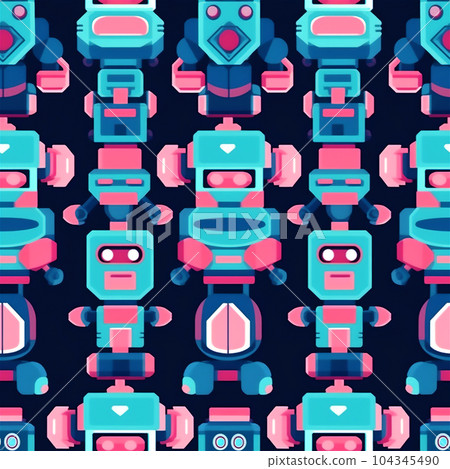 Cute robots in cartoon style on background of space. Seamless pattern. Cute robots in cartoon style on background of space. Seamless pattern. 104345490