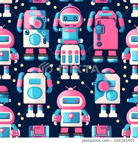 Cute robots in cartoon style on background of space. Seamless pattern. Cute robots in cartoon style on background of space. Seamless pattern. 104345491