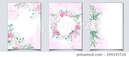 Set of floral background cards. Wedding invitation templates with white and pink peonies, eucalyptus, gypsophila, purple watercolor splashes. For save the date, greeting cards and cover design. Set of floral background cards. Wedding invitation templates with white and pink peonies, eucalyptus, gypsophila, purple watercolor splashes. For save the date, greeting cards and cover design. 104345720