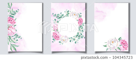 Set of floral background cards. Wedding invitation templates with white and pink peonies, eucalyptus, purple watercolor splashes. For save the date, greeting cards and cover design. Set of floral background cards. Wedding invitation templates with white and pink peonies, eucalyptus, purple watercolor splashes. For save the date, greeting cards and cover design. 104345723