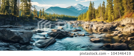Breathtaking landscape with vibrant colors and natural elements such as mountains, forests, or waterfalls, creating a captivating and serene web banner. Generative AI 104346419