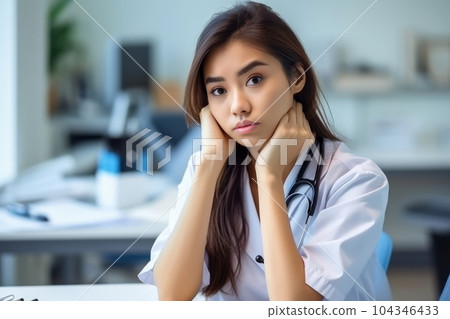 Unhappy stressed medical workers at hospital. Generative AI 104346433