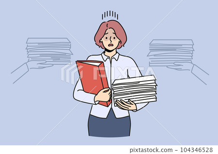 Busy businesswoman with pile of documents needs helper or secretary to do paperwork Busy businesswoman with pile of documents needs helper or secretary to do paperwork 104346528