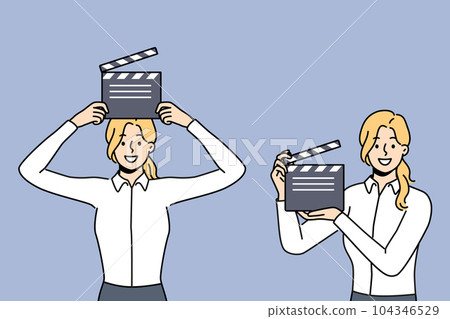 Woman with clapboard for shooting movie blockbuster works in hollywood film company Woman with clapboard for shooting movie blockbuster works in hollywood film company 104346529