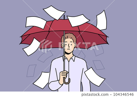 Businessman suffering from bureaucracy standing with umbrella among falling documents Businessman suffering from bureaucracy standing with umbrella among falling documents 104346546