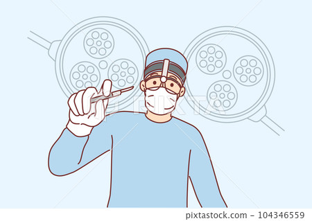 Doctor surgeon with scalpel in hands stands near hospital lamps during leaning to save sick patient 104346559