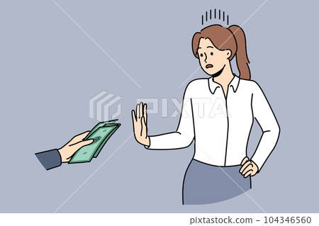 Woman refuses to take bribe making stop gesture and not wanting to participate in corruption deals 104346560