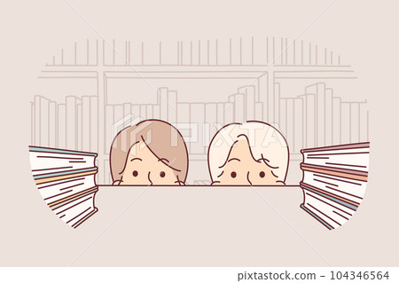Faces of students near shelf with books in library or bookstore with educational literature 104346564