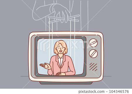 TV Fake news due to puppeteer manipulating woman announcer to spread disinformation or propaganda 104346576