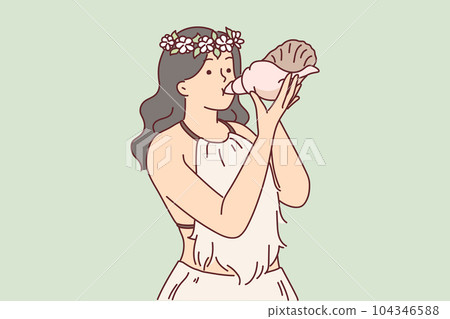 Polynesian woman living on cook island uses seashell instead of musical instrument Polynesian woman living on cook island uses seashell instead of musical instrument 104346588