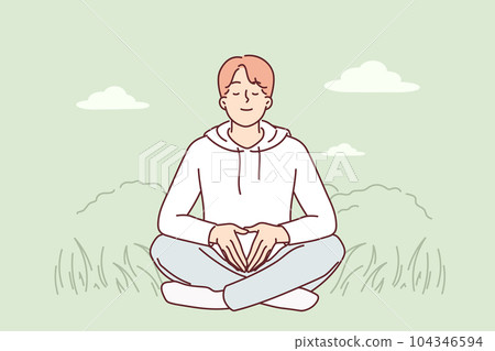 Man meditates sitting on grass and practices yoga to restore strength and put thoughts in order Man meditates sitting on grass and practices yoga to restore strength and put thoughts in order 104346594