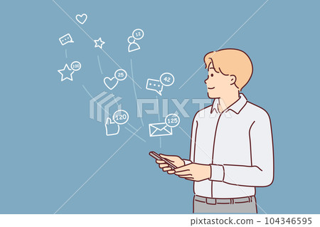 Man with phone uses social networks stands near icons symbolizing internet chatting Man with phone uses social networks stands near icons symbolizing internet chatting 104346595