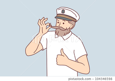 Man cruise ship captain fixes mustache and gives thumbs up suggestion to go on joint trip Man cruise ship captain fixes mustache and gives thumbs up suggestion to go on joint trip 104346598