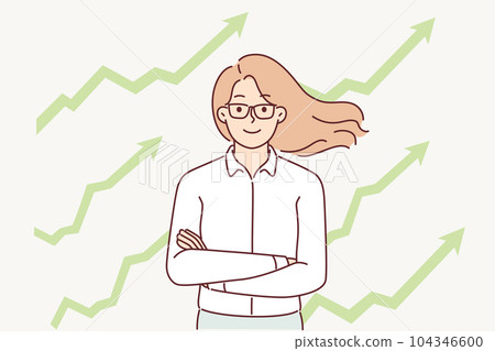 Successful businesswoman stands with arms crossed near arrow-graphs pointing up. 104346600