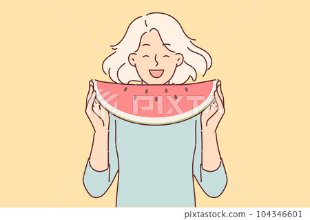 Teenage girl eats watermelon enjoying sweet taste of fruit that quenches thirst in summer weather 104346601
