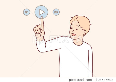 Man presses play button on virtual digital pad to launch music player or online cinema 104346608