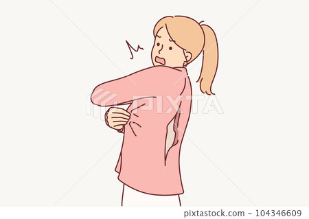 Woman with clothes torn at back is nervous and needs help of tailor because of poor quality textiles Woman with clothes torn at back is nervous and needs help of tailor because of poor quality textiles 104346609