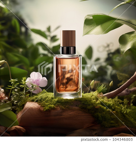 Glass perfume bottle mockup on natural green outdoors botanical background with plants, flowers and wooden elements, beauty product container commercial branding ready template Glass perfume bottle mockup on natural green outdoors botanical background with plants, flowers and wooden elements, beauty product container commercial branding ready template 104346803
