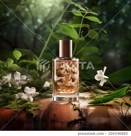 Glass perfume bottle mockup on natural green outdoors botanical background with plants, flowers and wooden elements, beauty product container commercial branding ready template Glass perfume bottle mockup on natural green outdoors botanical background with plants, flowers and wooden elements, beauty product container commercial branding ready template 104346805