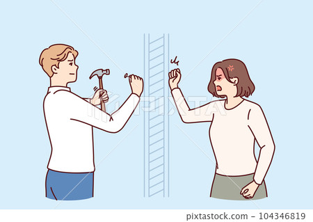 Angry woman knocks on wall swearing at neighbor is doing repairs in apartment and using hammer 104346819