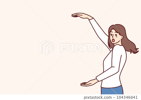 Shocked woman spreading arms wide demonstrating huge discounts for shopping on black friday 104346841