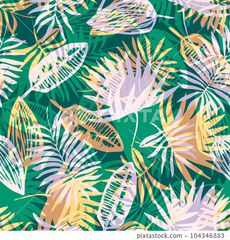 Seamless pattern with overlay mess of neutral green, light pink and orange colors tropical leaves. Trendy exotic plants texture for textile, wrapping paper, surface, wallpaper, background Seamless pattern with overlay mess of neutral green, light pink and orange colors tropical leaves. Trendy exotic plants texture for textile, wrapping paper, surface, wallpaper, background 104346883