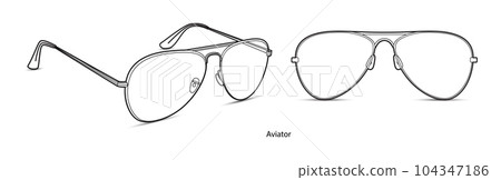 Aviator frame glasses fashion accessory illustration. Sunglass front and 3-4 view for Men, women, unisex silhouette 104347186
