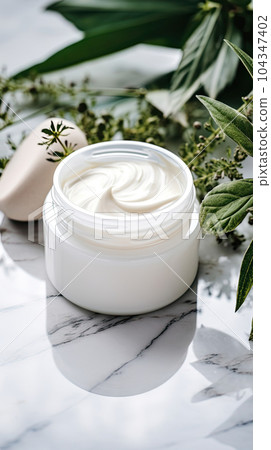 White jar of face cream stands on a marble background, surrounded by marijuana leaves 104347402