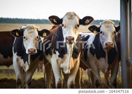 Black and white Holstein cow with a gentle look and pink nose standing in front of a metal fence, surrounded by cattle on a sunny day. AI Generative. 104347516
