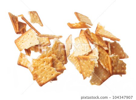 Cracker Butter square fall fly in mid air, golden crispy cracker Butter floating. Cracker Butter complete square throw in air. White background isolated freeze motion high speed shutter Cracker Butter square fall fly in mid air, golden crispy cracker Butter floating. Cracker Butter complete square throw in air. White background isolated freeze motion high speed shutter 104347907