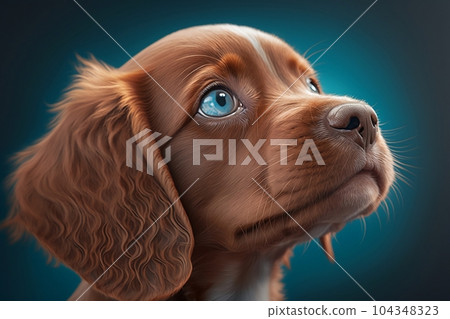 Close-up adorable baby dog Labrador portrait isolated on blue background. Close-up adorable baby dog Labrador portrait isolated on blue background. 104348323