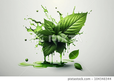 Fresh realistic green leaves of peppermint with green tea splashing isolated on white background. Generative AI 104348344