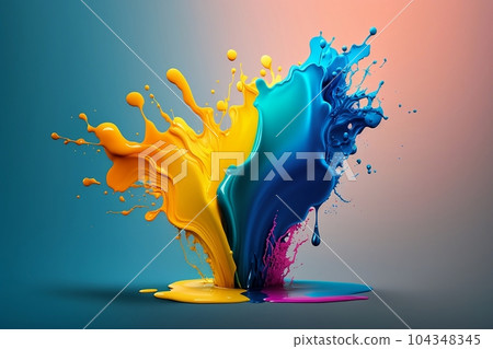Close-up artwork of blue and yellow paint splash isolated on clean background. Generative AI 104348345
