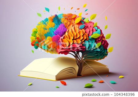 Open book with a colorful creative tree brain in it, isolated on clean background. Generative AI 104348396