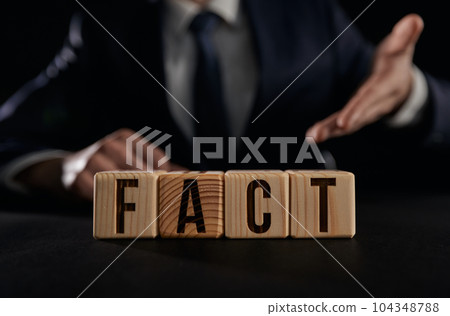 A man's hand shows the word fact on a wooden cube. truth concept 104348788