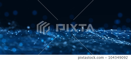 Abstract blue futuristic technology big data digital background. Network connection structure and Low poly shape wireframe particle wave. Polygon abstract background. 3D Render. Abstract blue futuristic technology big data digital background. Network connection structure and Low poly shape wireframe particle wave. Polygon abstract background. 3D Render. 104349092