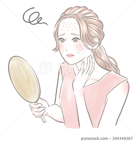 A woman suffering from many rashes holding a hand mirror 104349267