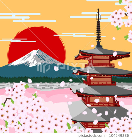 Mount Fuji in cherry blossom season near the pagoda 104349286