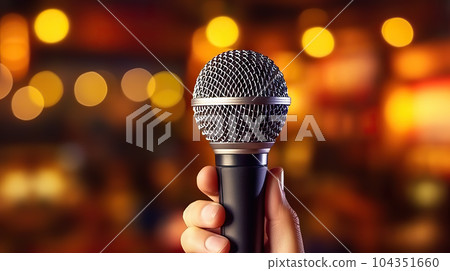 Captivating Performance Artist Holding a Microphone in a Music Show with Bokeh Background. created with Generative AI 104351660