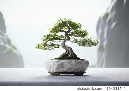 Elegance in Miniature Bonsai Tree Thriving in a Beautiful Marble Vase. created with Generative AI 104351741