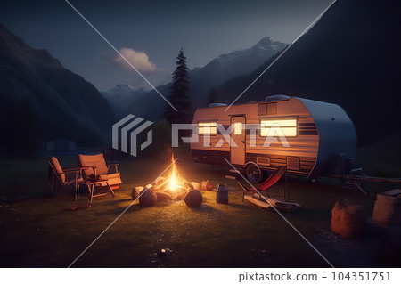 Adventurous High-Tech Caravan in the Majestic Mountains, Campfire Flickering in Front. created with Generative AI Adventurous High-Tech Caravan in the Majestic Mountains, Campfire Flickering in Front. created with Generative AI 104351751