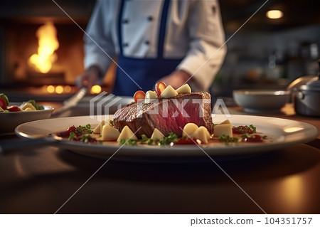 A Skilled Chef Preparing Juicy Beef Steak with Expertise. created with Generative AI 104351757