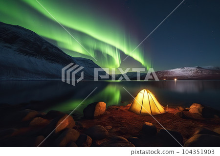Captivating Camping Experience: Tent, Campfire, Fjord, Aurora Borealis in Early Spring. created with Generative AI Captivating Camping Experience: Tent, Campfire, Fjord, Aurora Borealis in Early Spring. created with Generative AI 104351903