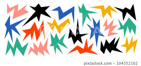 Colorful irregular sharp shapes set. Abstract bright geometric edgy elements collection. Asymmetric angular forms for banner, collage, poster, sticker, flyer, template. Design bundle vector.  104352102