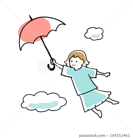 一個孩子帶著柔和顏色的雨傘飛行的線條畫插圖 一個孩子帶著柔和顏色的雨傘飛行的線條畫插圖 104352461