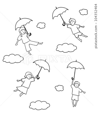 兒童用黑白雨傘在天空中飛翔的線條畫插圖 兒童用黑白雨傘在天空中飛翔的線條畫插圖 104352464
